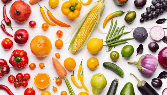 Fruits and veggies arranged by color