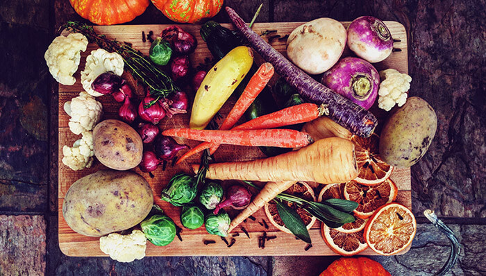 winter vegetables on cutting board